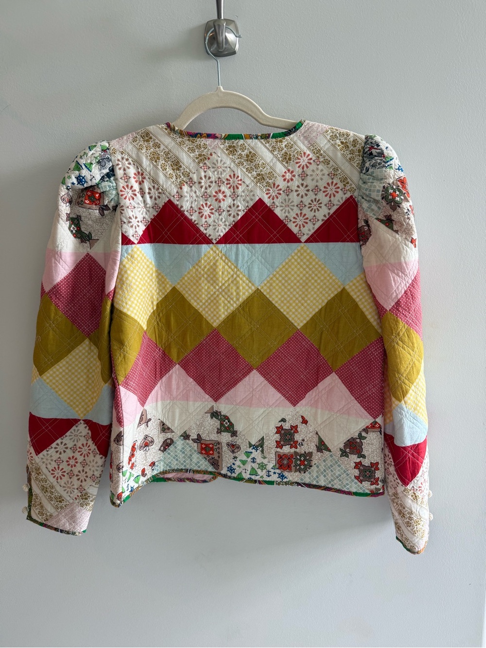 Patchwork Quilted Bomber Jacket in Pink, Yellow & Red small - Picture 2 of 7